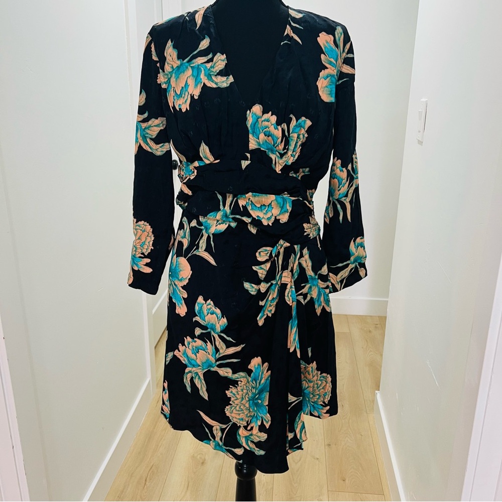 Sandro Black Floral Wrap Dress with Teal and Peach Blooms